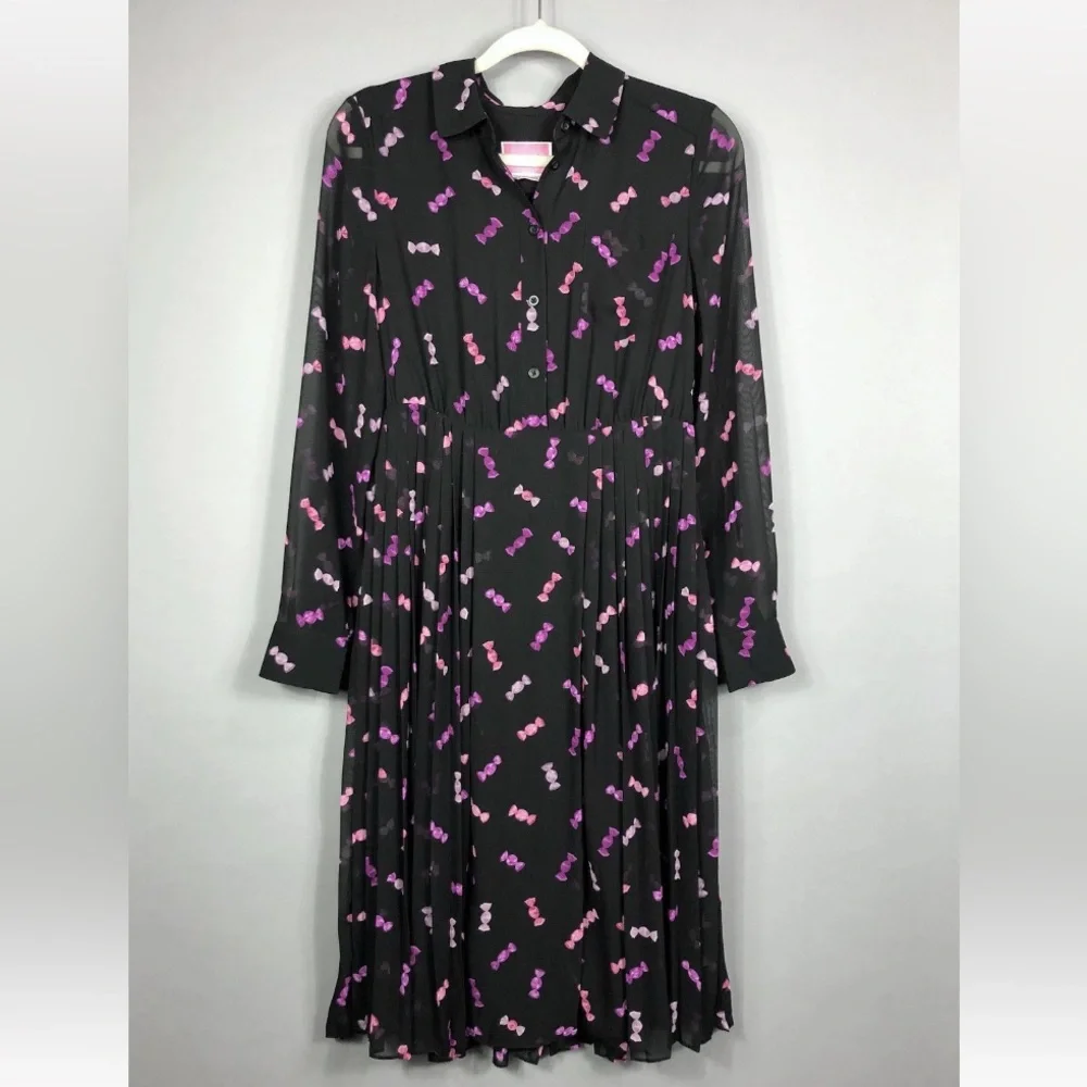 Kate Spade Sweets Candy Print Chiffon Shirt Dress SZ 6 Black Pink Purple Formal